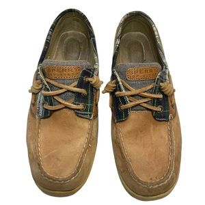 Sperry: Top Sider Boat Shoes in Brown Leather with Green Plaid Detail size 8